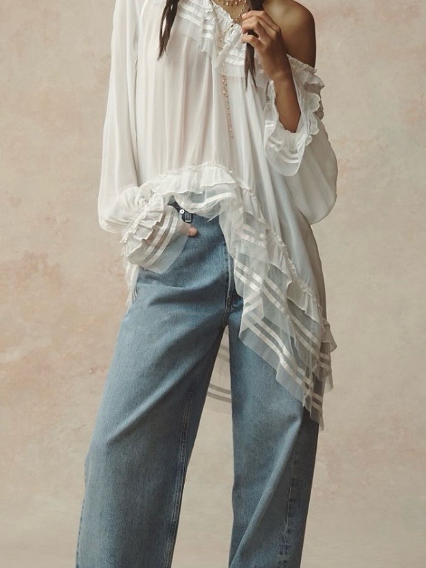 Anthropologie Sheer White Ruffle Tunic